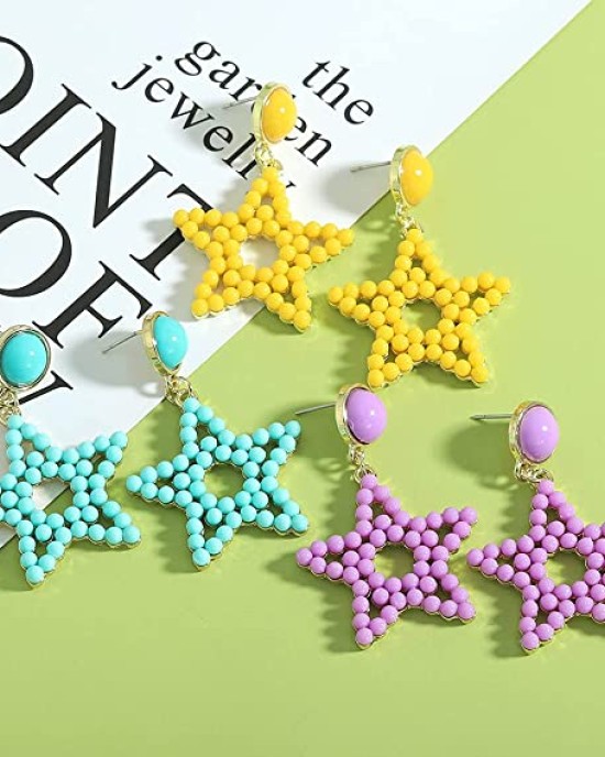 3 Pairs Colorful Gold Plated Star Beaded Dangle Earrings 3 Pairs Colorful Gold Plated Star Beaded Dangle Earrings