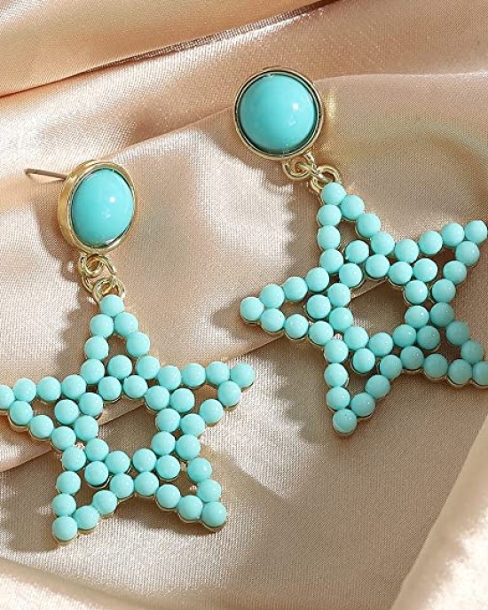 3 Pairs Colorful Gold Plated Star Beaded Dangle Earrings 3 Pairs Colorful Gold Plated Star Beaded Dangle Earrings