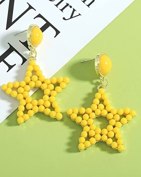 3 Pairs Colorful Gold Plated Star Beaded Dangle Earrings 3 Pairs Colorful Gold Plated Star Beaded Dangle Earrings