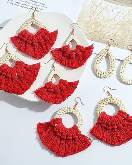 8 Pairs Rattan Earrings Lightweight Bohemian Handmade Statement Tassel Earrings 8 Pairs Rattan Earrings Lightweight Bohemian Handmade Statement Tassel Earrings