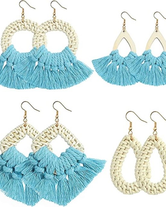 8 Pairs Rattan Earrings Lightweight Bohemian Handmade Statement Tassel Earrings 8 Pairs Rattan Earrings Lightweight Bohemian Handmade Statement Tassel Earrings