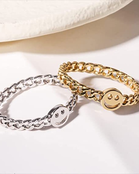 6Pcs Happy Face Stackable Ring with Cute Chain Link Band 6Pcs Happy Face Stackable Ring with Cute Chain Link Band
